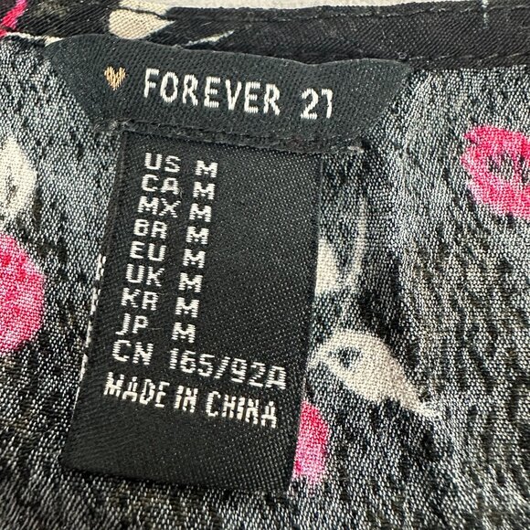 Forever 21 Womens Black & Red Floral Long Sleeve Lace-Up Blouse Medium - Picture 4 of 6